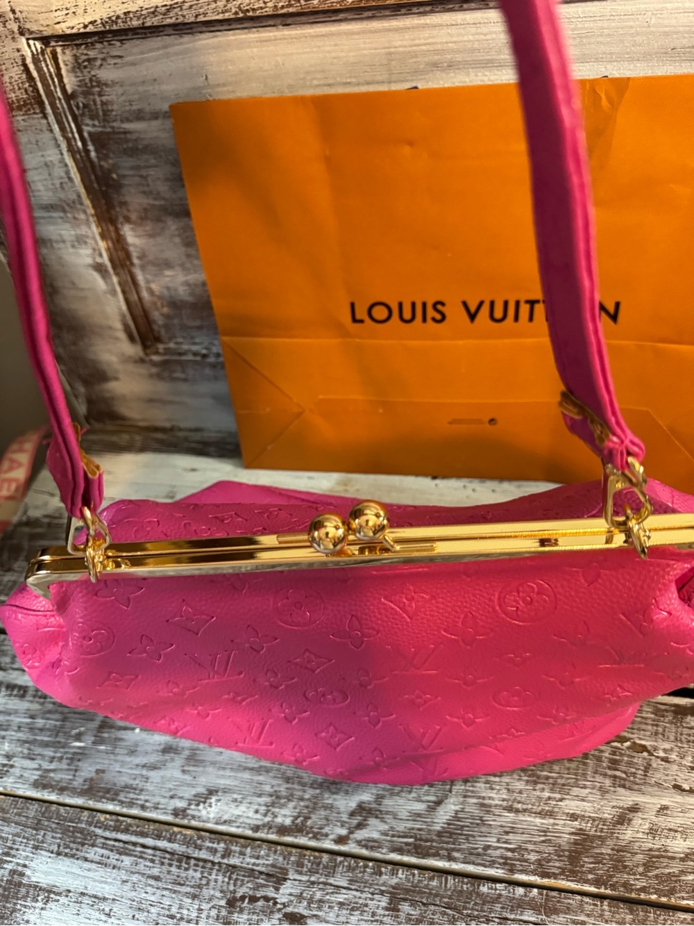 Designer-Style Hot Pink Embossed Dome Handbag - Picture 6 of 15